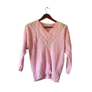 Vintage Pink V-Neck Sweater Crochet Knit Trim Ramie Blend Size Medium